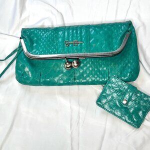 Jessica Simpson Teal/Blue Purse Clutch With Card Holder Clasp, Zip Pouch, Heart